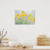 手描きの黄色い水仙の花畑の水彩画 ポスター (キッチン)