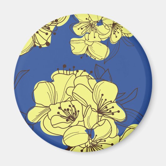 手描きの黄色い野生の花を青に マグネット (正面)