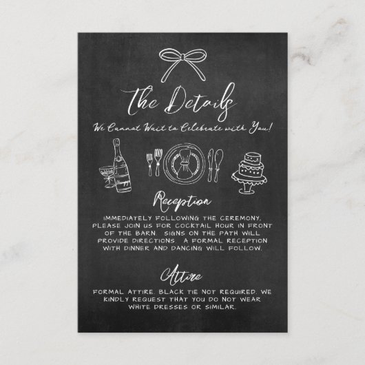 手描きの黒板のウィズミカルな結婚式の詳細 エンクロージャーカード (正面)