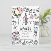 手描きの1歳誕生日招待状、ドゥードル誕生日 招待状 (スタンド正面)