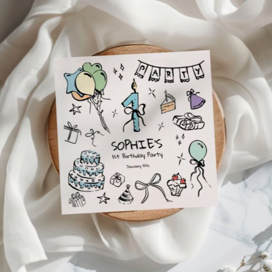 手描きの1歳誕生日 スタンダードカクテルナプキン