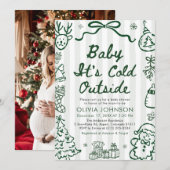 手描きの「ベイビー・イッツ・コールド・アウトサイド」ベイビーシャワー🎄💚 招待状 (正面/裏面)