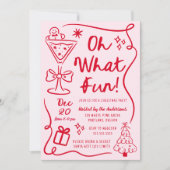手描きの「Oh What Fun」ピンクと赤のクリスマスパーティー 招待状 (正面)