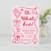 手描きの「Oh What Fun」ピンクと赤のクリスマスパーティー 招待状 (スタンド正面)