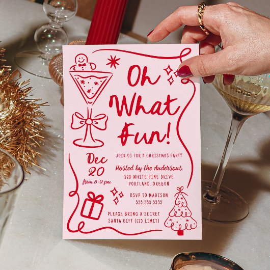 手描きの「Oh What Fun」ピンクと赤のクリスマスパーティー 招待状