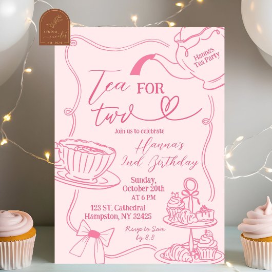 手描きの「Tea For Two」2歳の誕生日 招待状