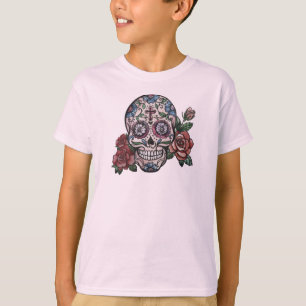 手描きのSkull Dia de los Muertos  の袖のワイシャツ Tシャツ