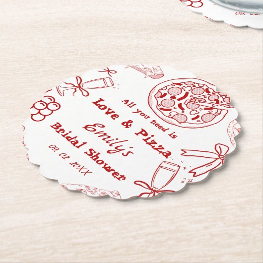手描きは愛 & ピザ ブライダルシャワー ペーパーコースター (アングル)