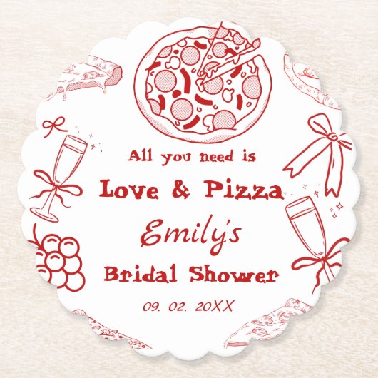 手描きは愛 & ピザ ブライダルシャワー ペーパーコースター (正面)