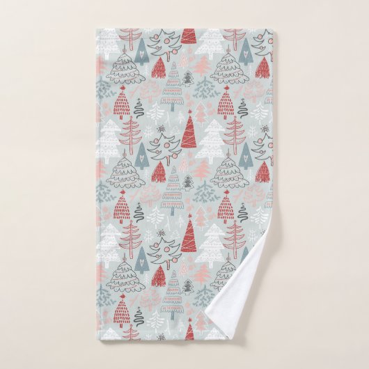 手描きよくはしゃぐクリスマスツリーレッドセージ緑 バスタオルセット (ハンドタオル)