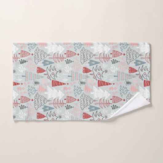 手描きよくはしゃぐクリスマスツリーレッドセージ緑 バスタオルセット (ハンドタオル)