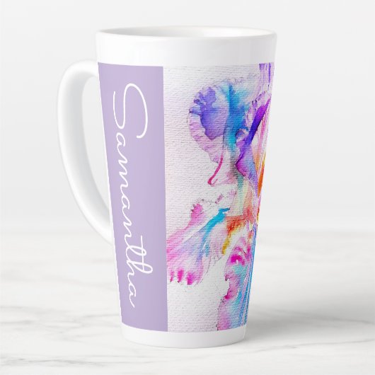 手描きアイリス花フラワーの水彩画 カフェラテマグ (左アングル)