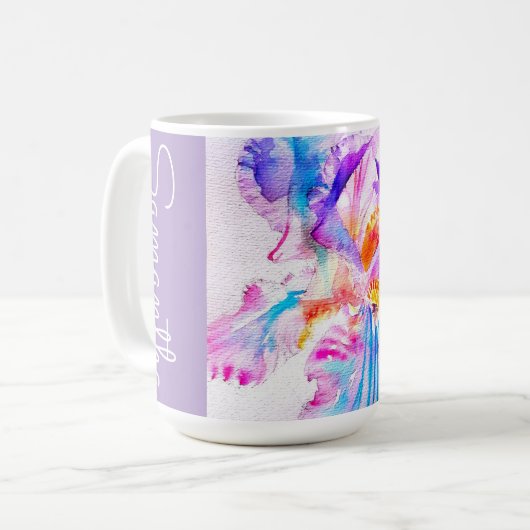 手描きアイリス花フラワーの水彩画 コーヒーマグカップ (正面左)