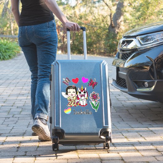 手描きアジアの妖精、ユニコーンと名前 シール (スーツケースインサイチュ)