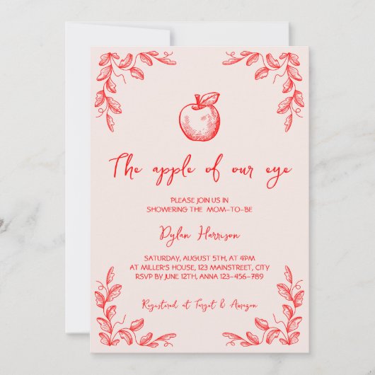 手描きアップルの目の秋赤ちゃんシャワー 招待状 (正面)