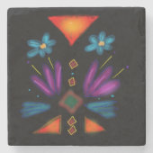 手描きアートが鮮やかなブラックのコースター ストーンコースター (正面)