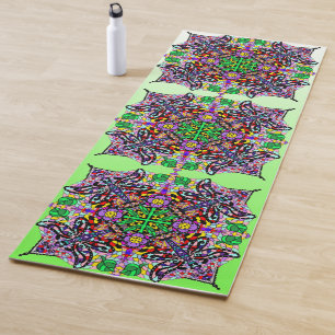 手描きアートドラゴンフライマンダラパープルライムグリーン ヨガマット