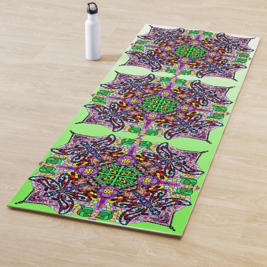 手描きアートドラゴンフライマンダラパープルライムグリーン ヨガマット (インサイチュ)