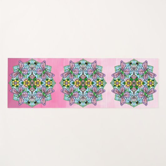 手描きアートバタフライマンダラパープルカラフル ヨガマット (正面(横))