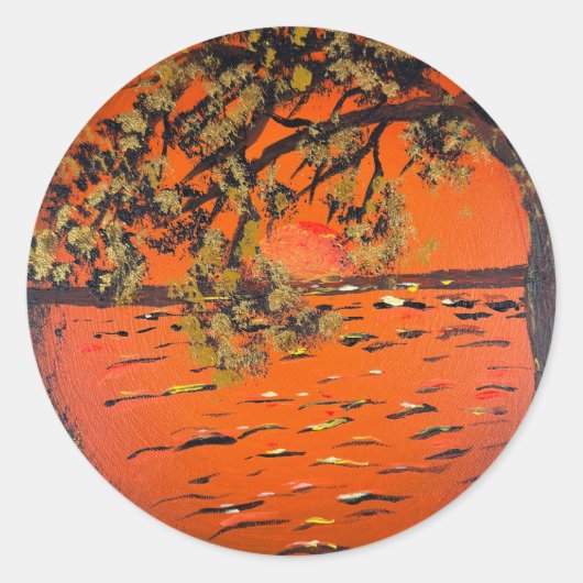 手描きアート作品 - 黄金の夕日 ラウンドシール (正面)
