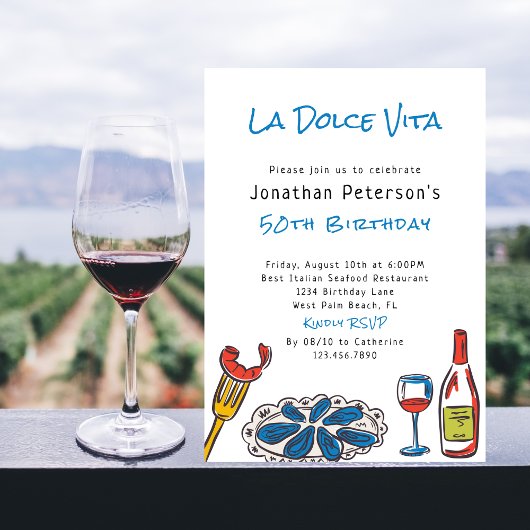 手描きイタリアンシーフードワイン50誕生日 招待状