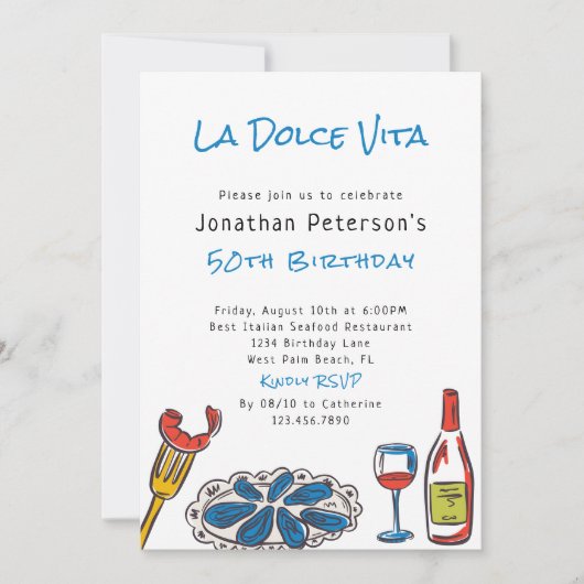 手描きイタリアンシーフードワイン50誕生日 招待状 (正面)