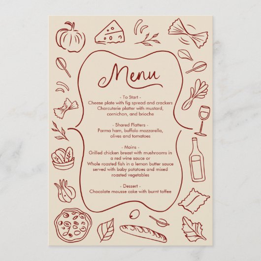 手描きイタリアンスタイルのメニューカード - ラスティックレッド&クリーム メニュー (正面)