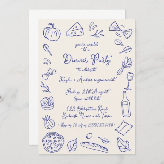 手描きイタリアンテーマのディナーパーティー 招待状 (正面/裏面)