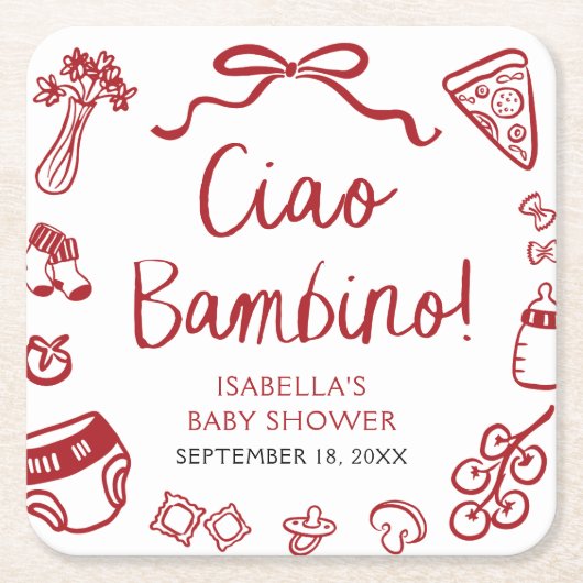 手描きイタリアンピザチャオバンビノベイビーシャワー スクエアペーパーコースター (正面)