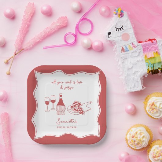 手描きイタリアンピザ ワインブライダルシャワー ペーパープレート (パーティー)