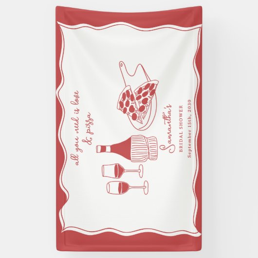 手描きイタリアンピザ ワイン ブライダルシャワー サイン 横断幕 (縦)