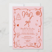 手描きイラストのピンクイニシャル ウェディングフォト 招待状 (正面)