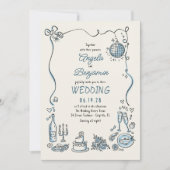 手描きイラストのレトロな結婚式 招待状 (正面)