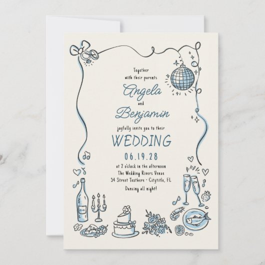 手描きイラストのレトロな結婚式 招待状 (正面)