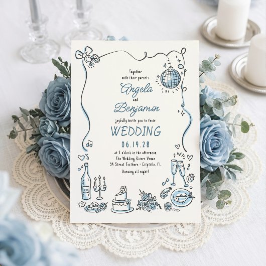 手描きイラストのレトロな結婚式 招待状