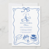 手描きイラストの青い卒業パーティー 招待状 (正面)