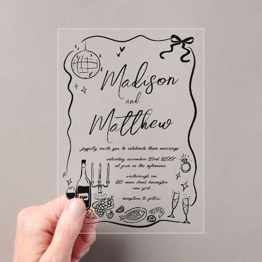 手描きイラストドードルウェディングパーティー アクリル招待状 (インサイチュ (ポータブル))