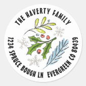 手描きイラスト ブルー・スプルース 冬のホリデー ラウンドシール (正面)