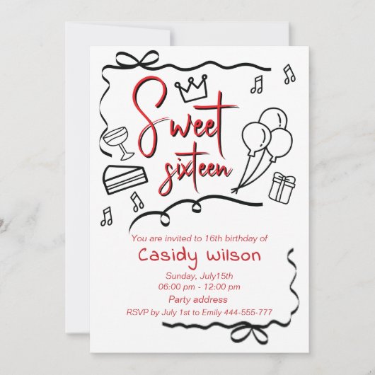 手描きウィムシーよくはしゃぐプリンセス甘い16 招待状 (正面)