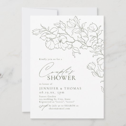 手描きエレガントフローラセージ緑のカップルのシャワー 招待状 (正面)