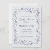 手描きエレガントブルーフローラ&つる植物ベビーシャワー 招待状 (正面)