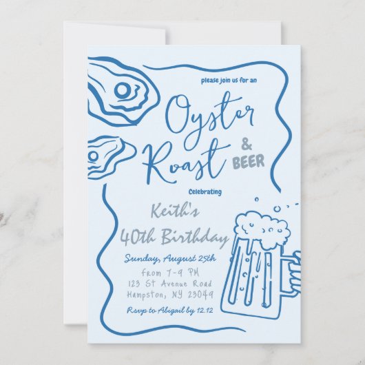 手描きオイスターローストとビール大人誕生日 招待状 (正面)