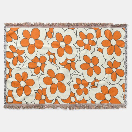 手描きオレンジとクリームフラワーデザイン スローブランケット (正面)