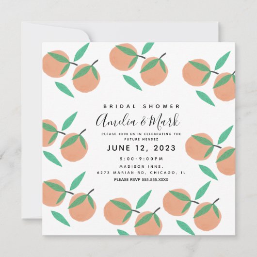 手描きオレンジの植物学的なウェディングシャワーの招待状 招待状 (正面)