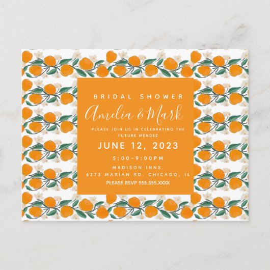 手描きオレンジボタニカル抽象芸術ブライダルシャワー ポストカード (正面)