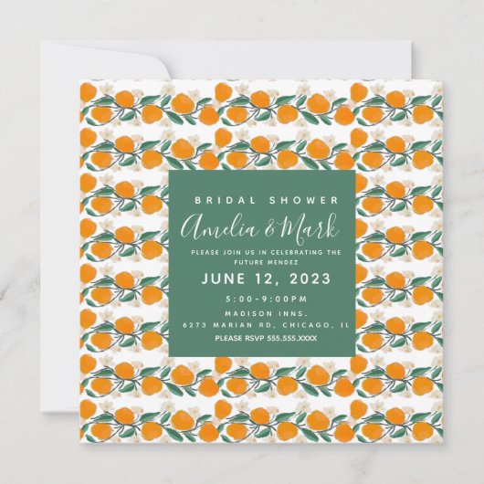 手描きオレンジボタニカル抽象芸術ブライダルシャワー 招待状 (正面)