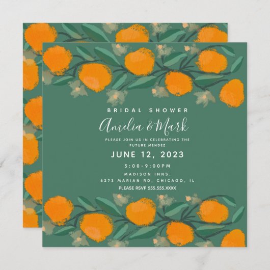 手描きオレンジボタニカル抽象芸術ブライダルシャワー 招待状 (正面/裏面)
