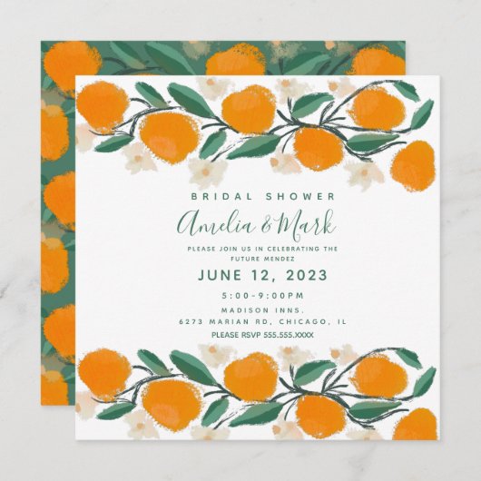 手描きオレンジボタニカル抽象芸術ブライダルシャワー 招待状 (正面/裏面)