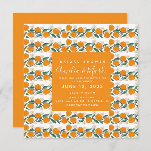 手描きオレンジボタニカル抽象芸術ブライダルシャワー 招待状 (正面/裏面)