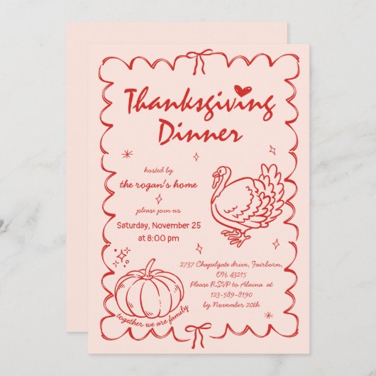 手描きカボチャ予測できなトルコ感謝祭 招待状 (正面/裏面)